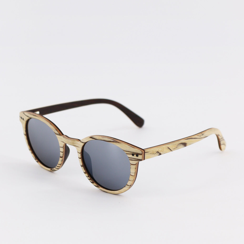 wooden sunglasses round pantos style whitewood wood silver mirror lenses side view eKodoKi SUNDAY