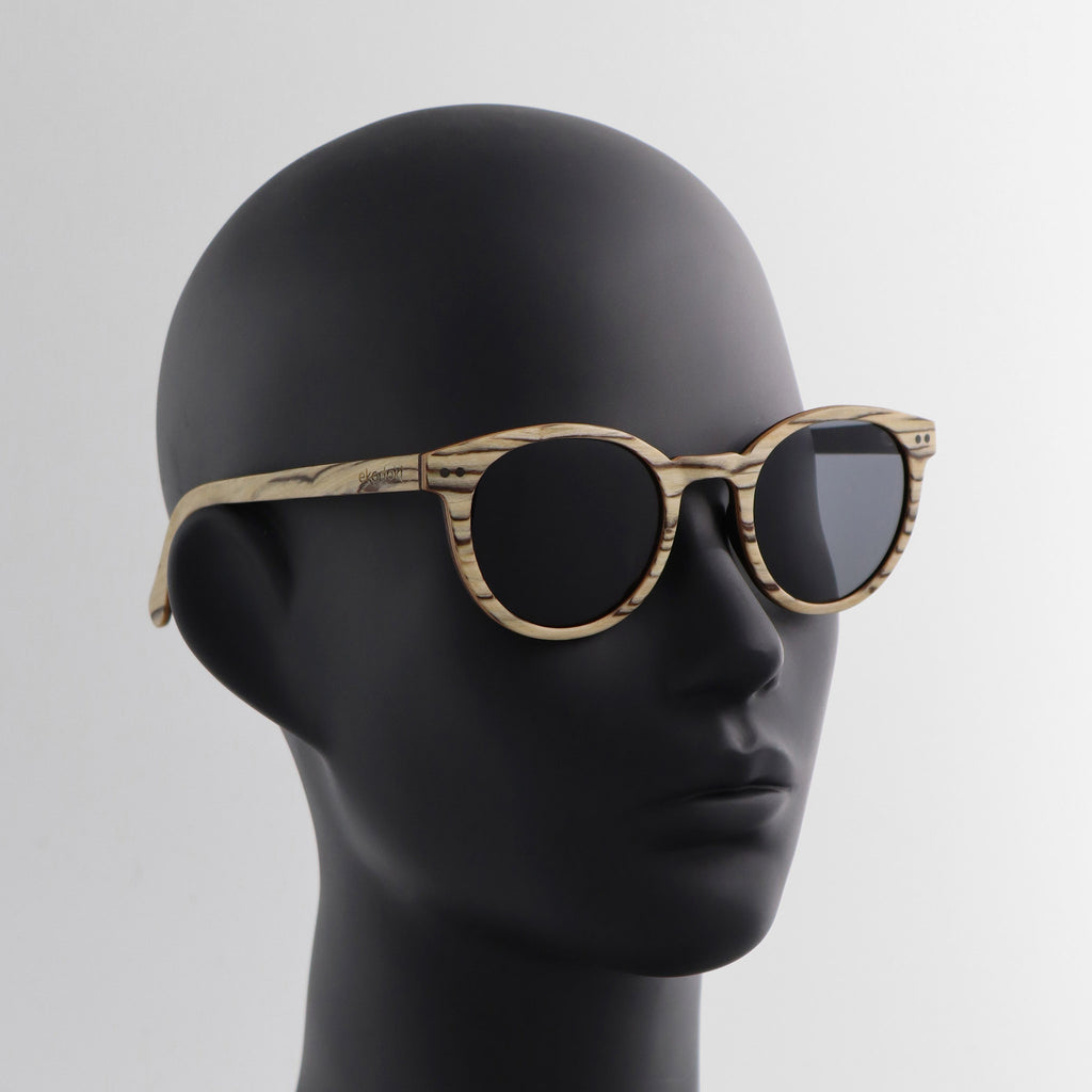 wooden sunglasses round pantos style whitewood wood smoke lenses on black female mannequin head eKodoKi SUNDAY