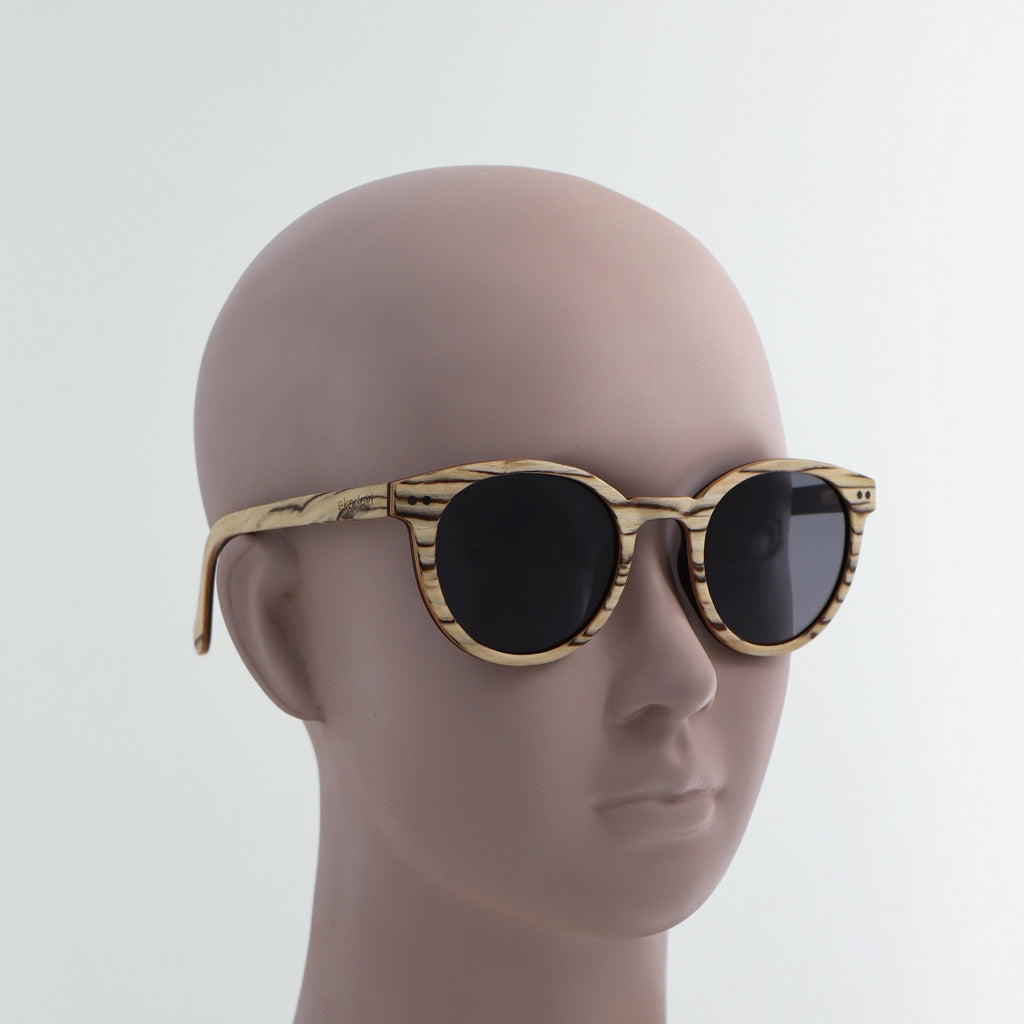 wooden sunglasses round pantos style whitewood wood smoke lenses on white female mannequin head eKodoKi SUNDAY