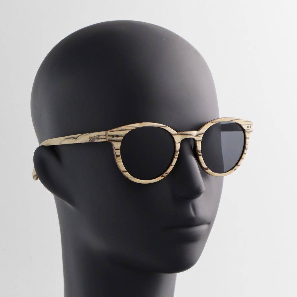 wooden sunglasses round pantos style whitewood wood smoke lenses on black male mannequin head eKodoKi SUNDAY