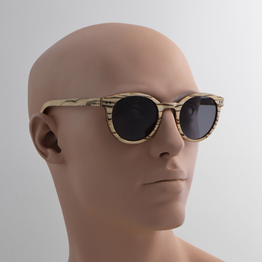 wooden sunglasses round pantos style whitewood wood smoke lenses on tan male mannequin head eKodoKi SUNDAY