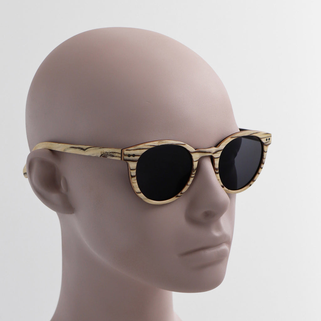 wooden sunglasses round pantos style whitewood wood smoke lenses on white male mannequin head eKodoKi SUNDAY