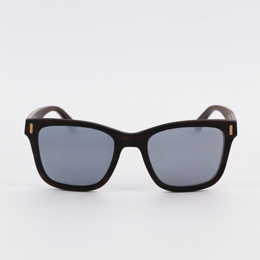 wooden sunglasses wayfarer style ebony wood silver mirror lenses front view eKodoKi EYE-Q