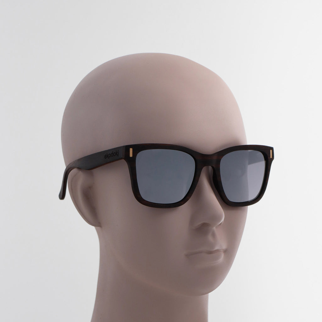 wooden sunglasses wayfarer style ebony wood silver mirror lenses on white female mannequin head eKodoKi EYE-Q