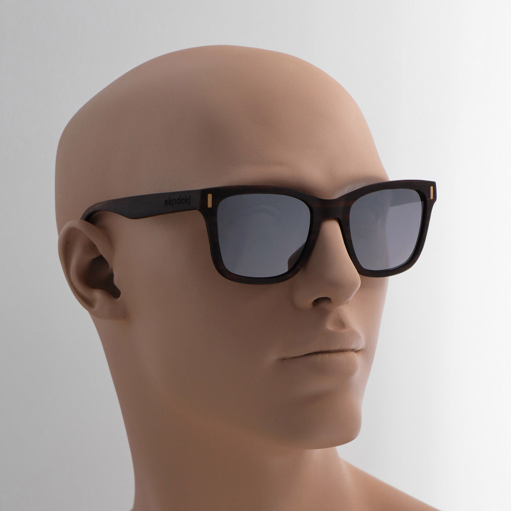 wooden sunglasses wayfarer style ebony wood silver mirror lenses on tan male mannequin head eKodoKi EYE-Q