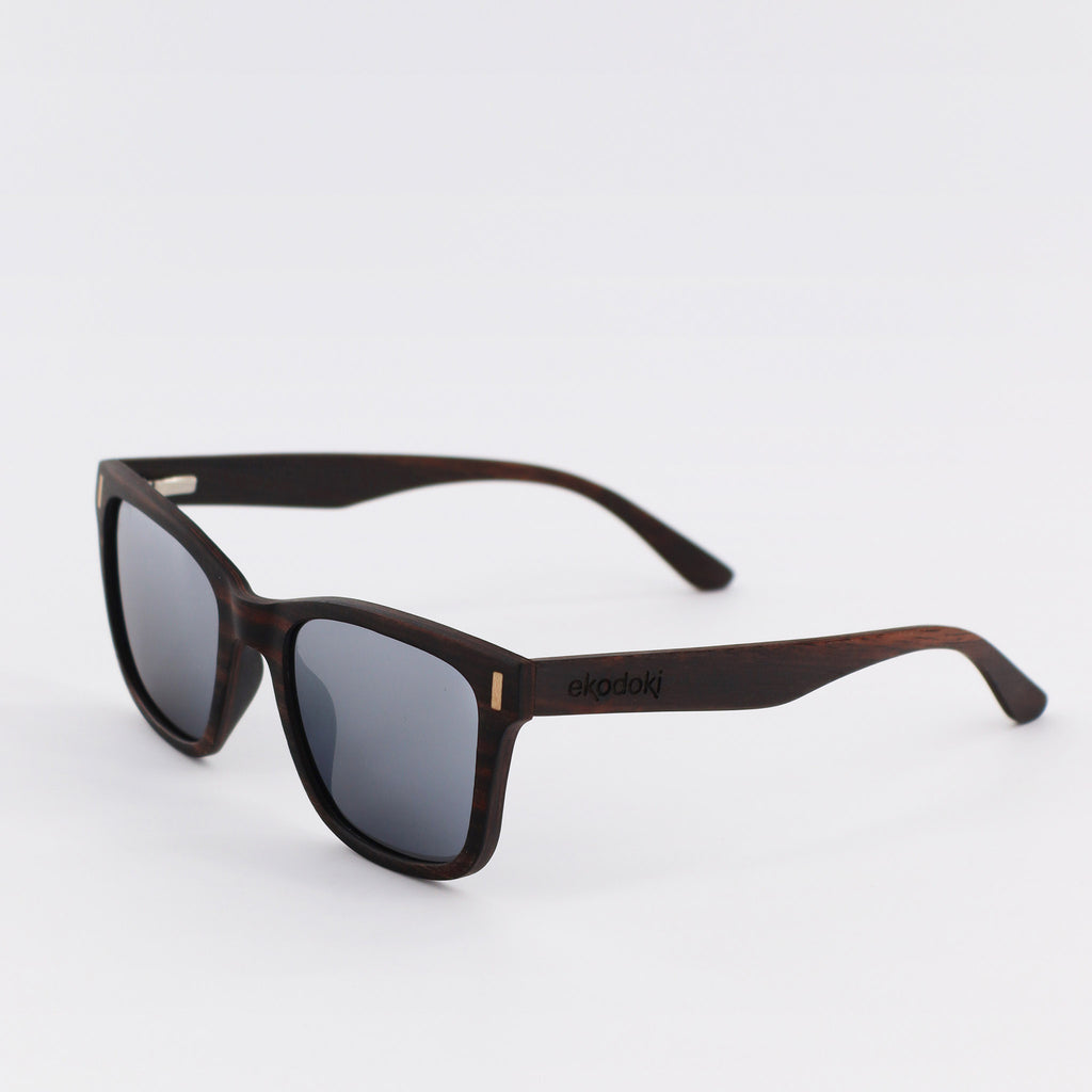 wooden sunglasses wayfarer style ebony wood silver mirror lenses side view eKodoKi EYE-Q