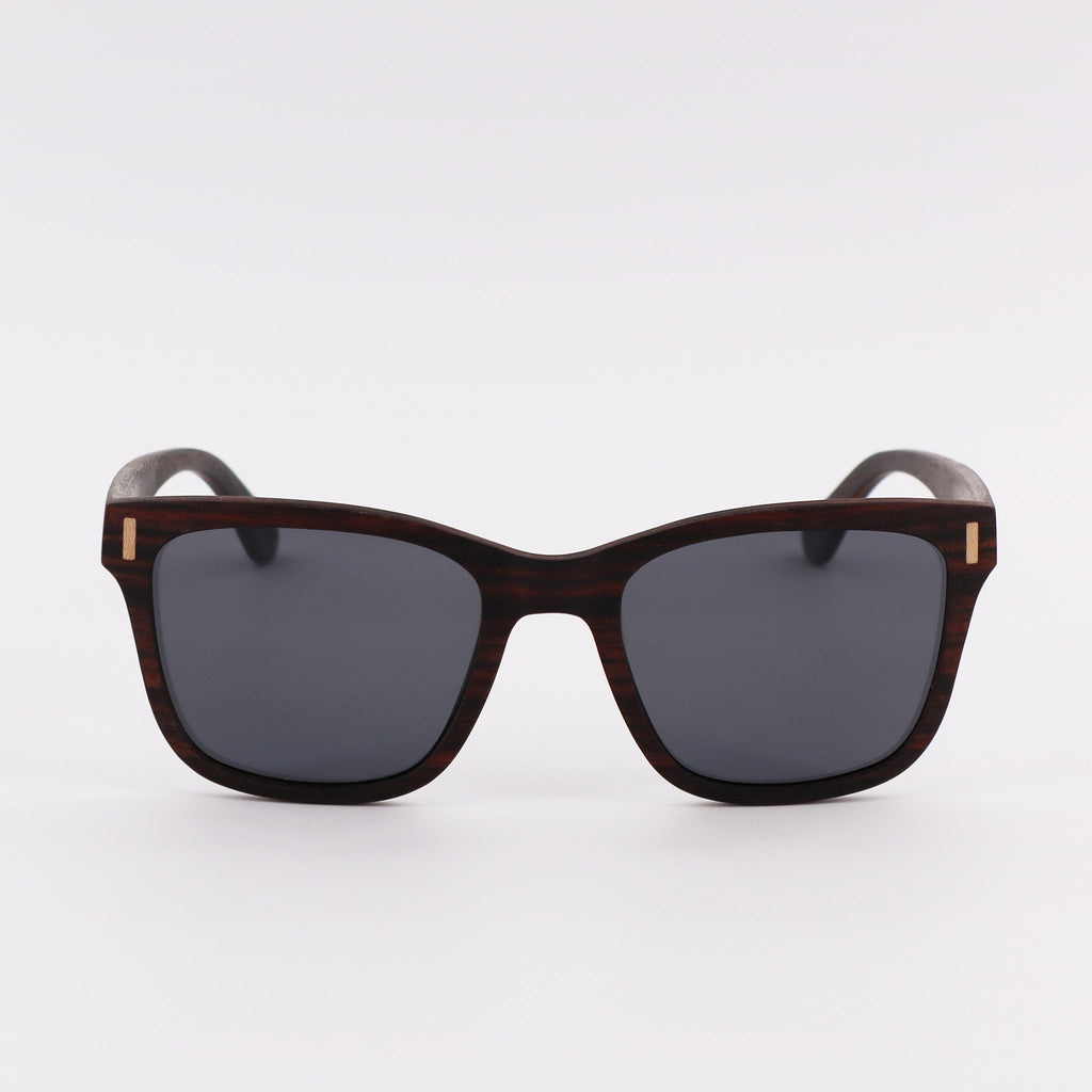 wooden sunglasses wayfarer style ebony wood smoke lenses front view eKodoKi EYE-Q