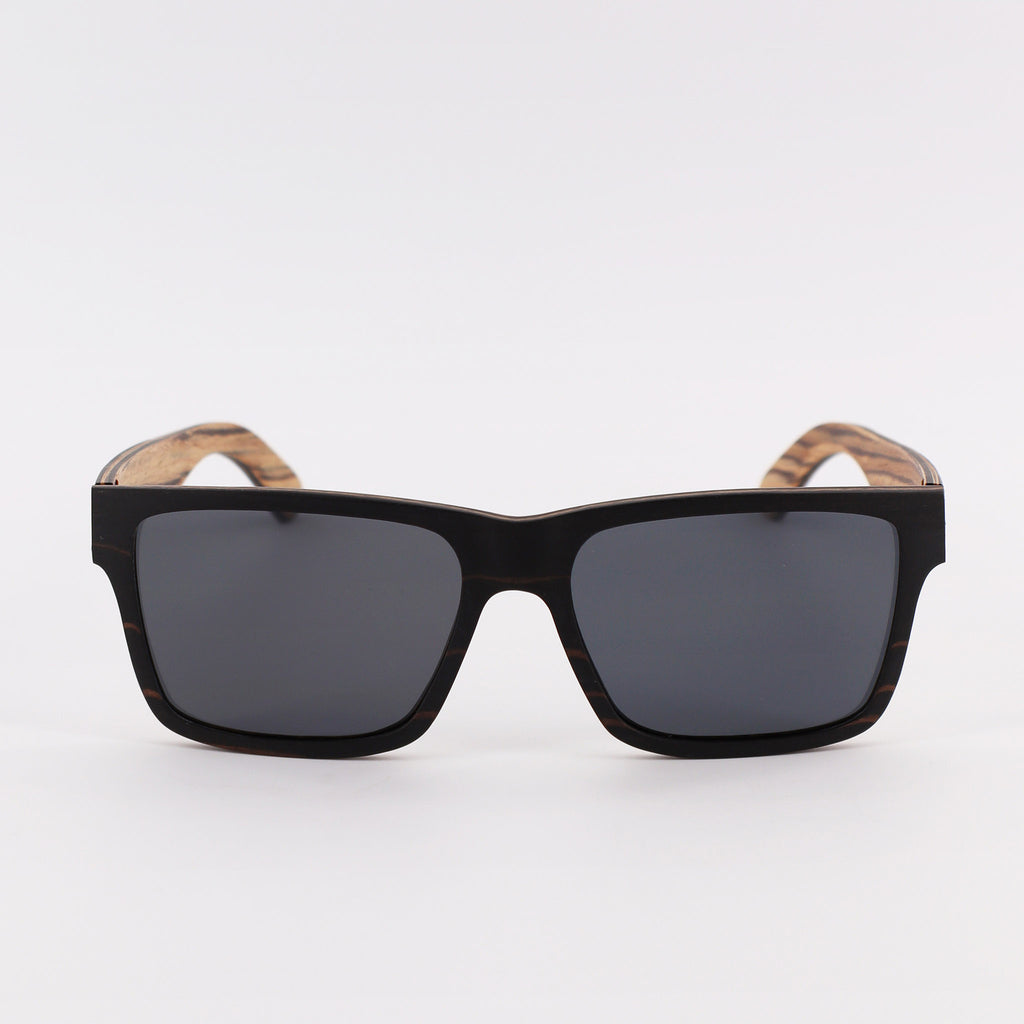 wooden sunglasses wayfarer style ebony wood smoke lenses front view eKodoKi METRO