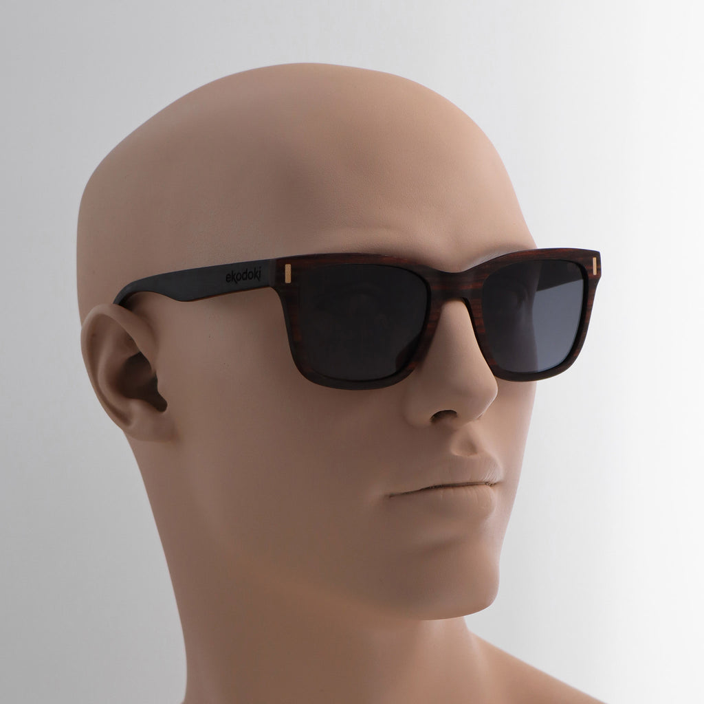 wooden sunglasses wayfarer style ebony wood smoke lenses on tan male mannequin head eKodoKi EYE-Q