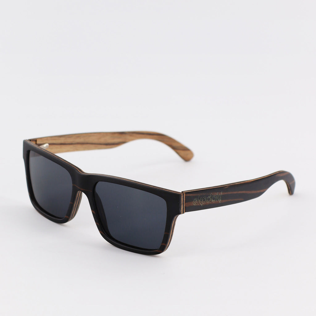 wooden sunglasses wayfarer style ebony wood smoke lenses inside view eKodoKi METRO