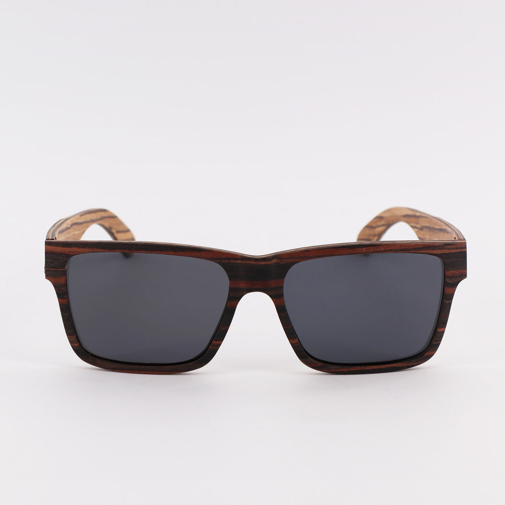 wooden sunglasses wayfarer style striped ebony wood smoke lenses front view eKodoKi METRO