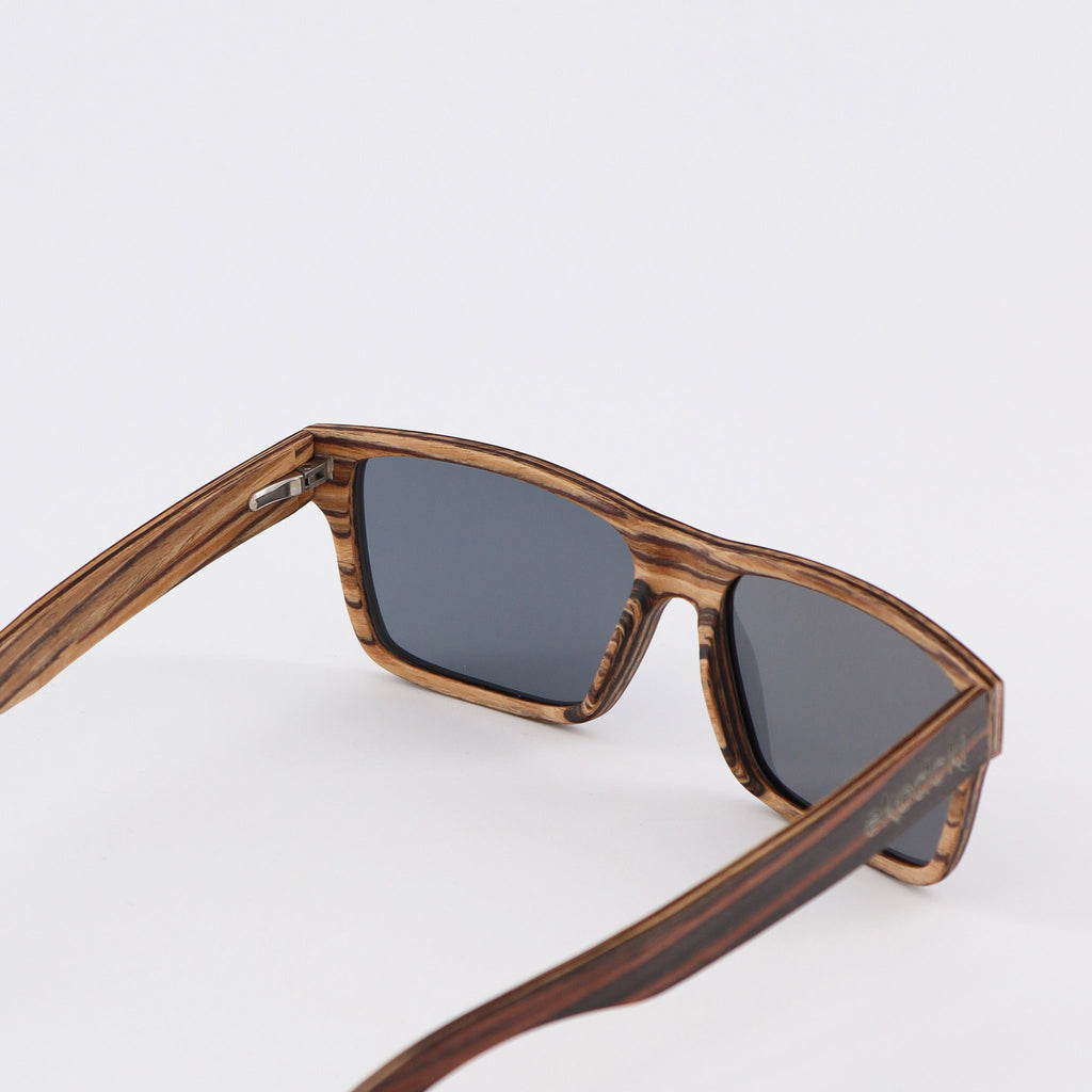 wooden sunglasses wayfarer style striped ebony wood smoke lenses side view eKodoKi METRO