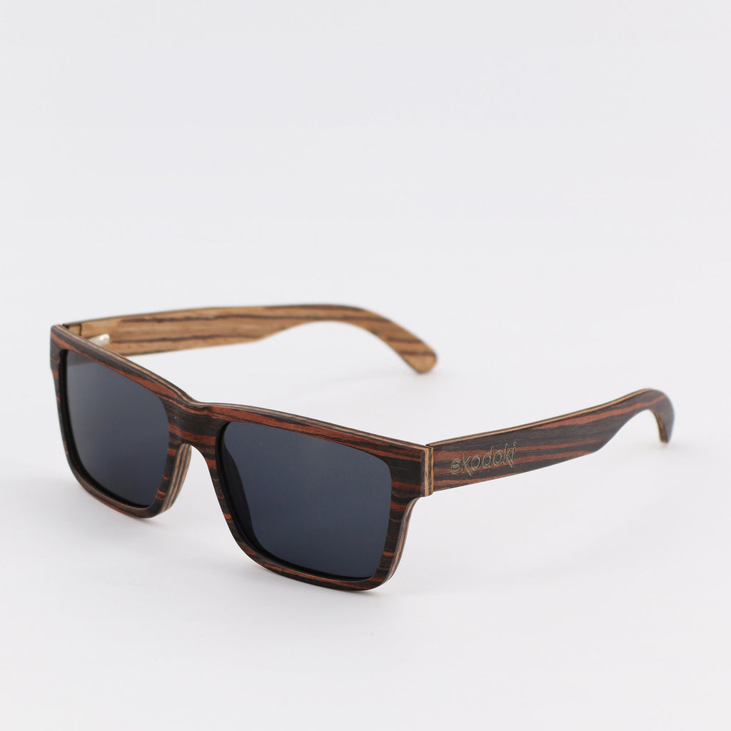 wooden sunglasses wayfarer style striped ebony wood smoke lenses inside view eKodoKi METRO